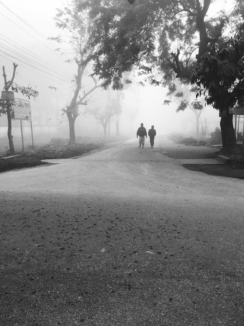 Grayscale Photo of People Walking on the Road