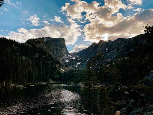 Free Dramatic landscape of Emerald Lake in Rocky Mountain National Park at sunset. Stock Photo