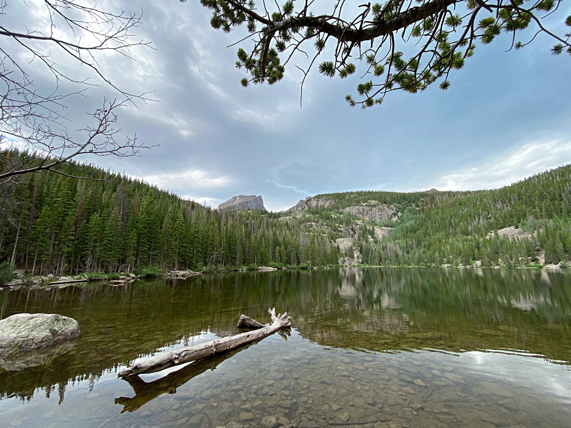 A lake below forested mountains in Rocky Mountain National Park, Colorado A lake below forested mountains in Rocky Mountain National Park, Colorado