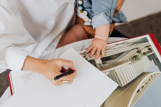 母亲和孩子在家里一起写作，象征着家庭的合作与创造力