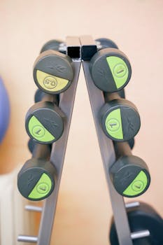 A vibrant set of dumbbells neatly arranged on a rack in a modern indoor gym setting.