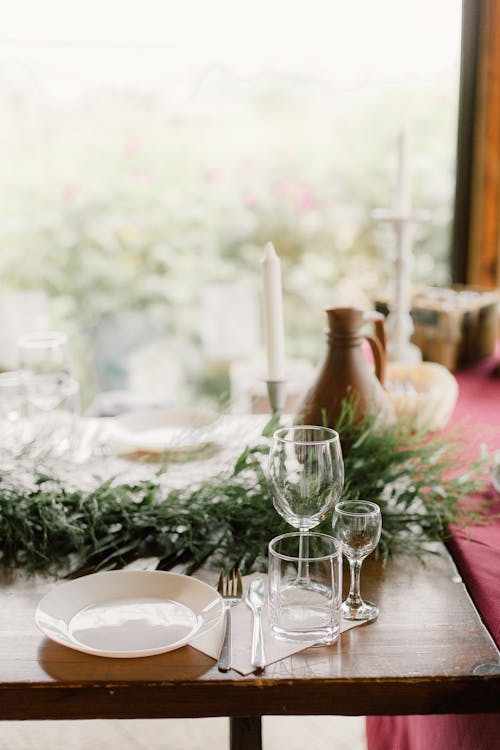 Banquet table with glasses and tableware