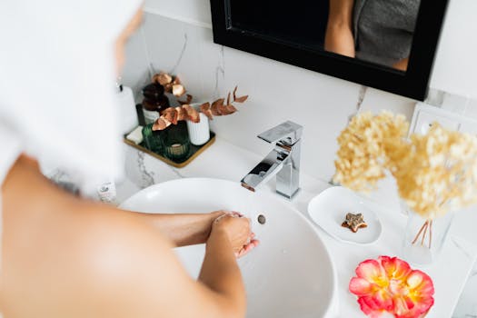 A woman washing hands in a modern bathroom sink with decorative elements, emphasizing hygiene.