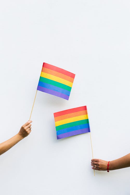 Hands of Persons Holding Rainbow Flags