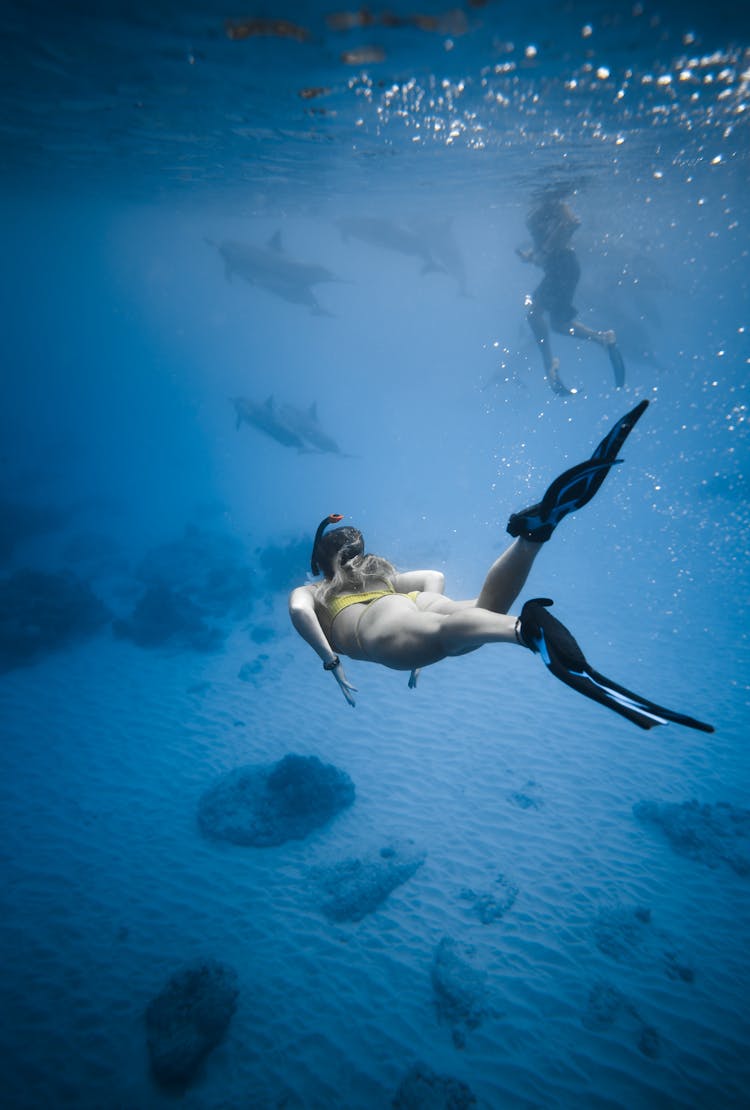 Unrecognizable Woman Swimming Underwater In Sea