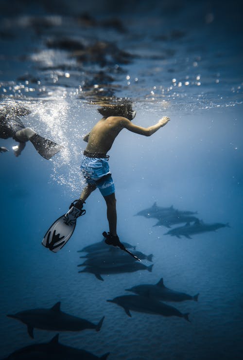 Anonymous man in diving mask swimming undersea