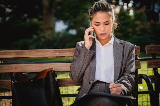 Focused businesswoman talking on phone in a park, actively engaged in work.