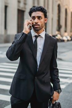 Confident businessman in black suit talks on a smartphone while crossing a street.