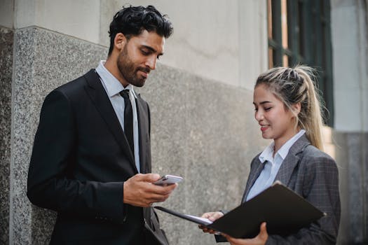 两名商务人士手持智能手机和文件，在建筑物外进行对话