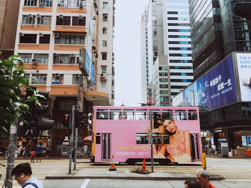 Free Pink Tram Bus on a City Centre  Stock Photo