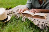 Unrecognizable Woman Lying on Rug on Grass and Reading Book