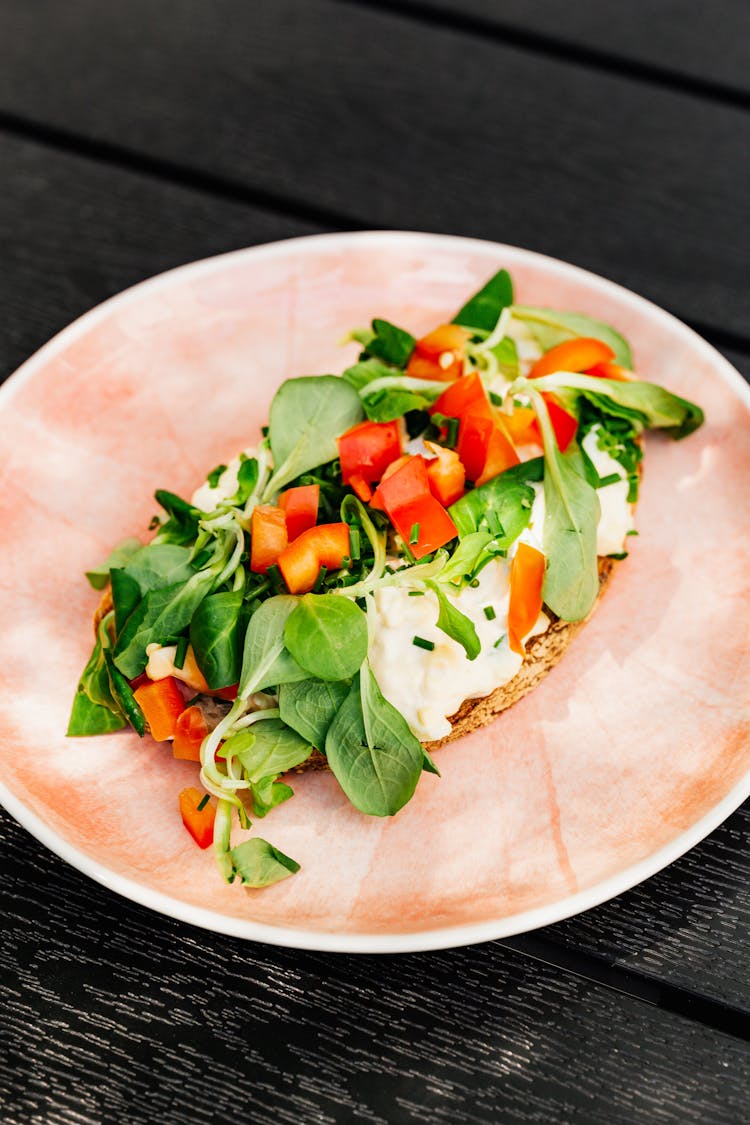 Toast With Vegetables On White Ceramic Plate