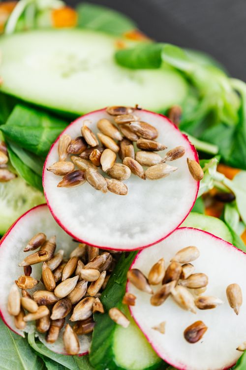 Free Close-up of a fresh salad with radish, seeds, and cucumbers, showcasing healthy eating. Stock Photo