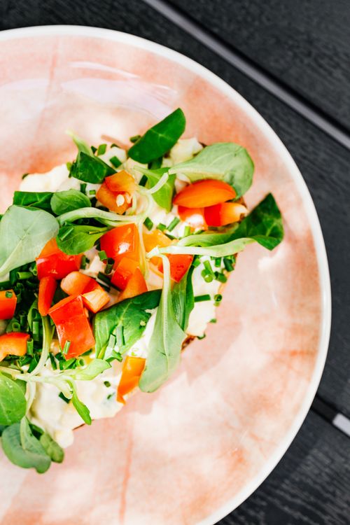 Free Vibrant salad with fresh tomatoes, leafy greens, and herbs on a rustic plate. Stock Photo