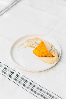Close-up shot of a single nacho chip with hummus on a white plate.