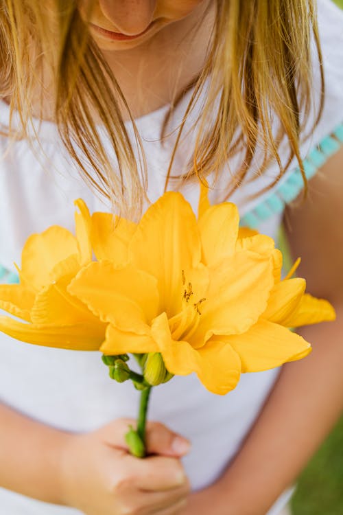 Free Woman in White Shirt Holding Yellow Flowers Stock Photo