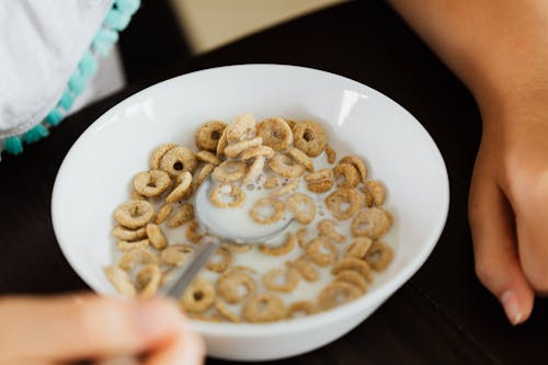 Close-Up Shot of Bowl with Cereal and Milk