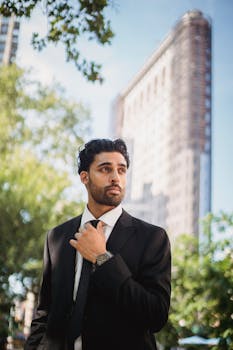A stylish businessman in a black suit poses confidently outdoors with an urban building backdrop.
