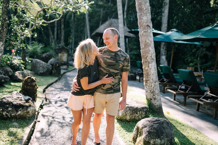 Happy Couple Walking Tropical Resort Wood