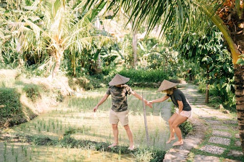 Couple Walking On Rice Field 