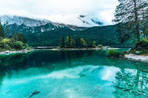 Free Green Lake Surrounded by Green Trees and Mountains Stock Photo