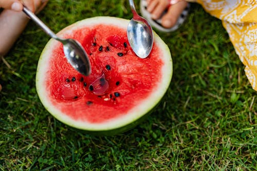 Free Stainless Steel Spoons on Sliced Watermelon Stock Photo
