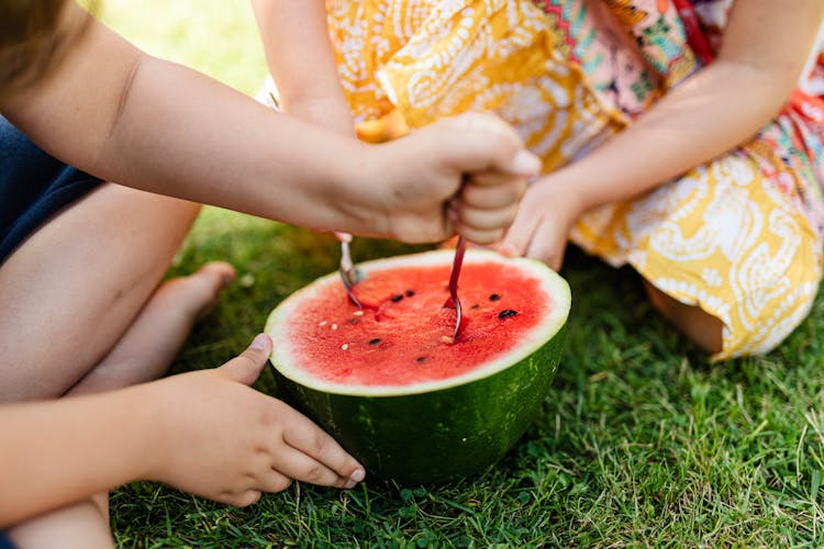 Two Children Eating Watermelon Together