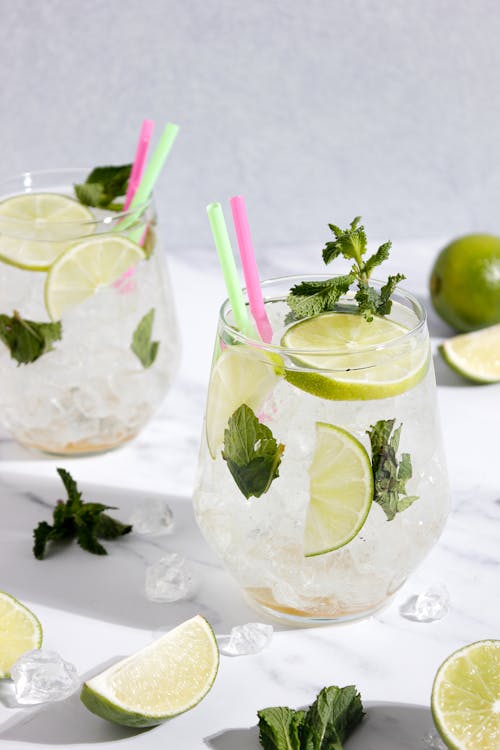 Clear Drinking Glass With Ice and Sliced Lemon