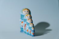 2 White Blue and Yellow Ceramic Owl Figurines
