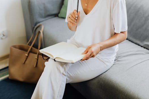 一个女人坐在沙发上，拿着笔记本和铅笔，传达出一种轻松、沉思的心情