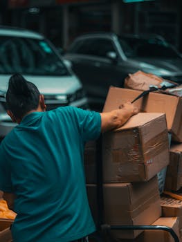 Courier in teal shirt loading cardboard boxes onto trolley in busy urban street.