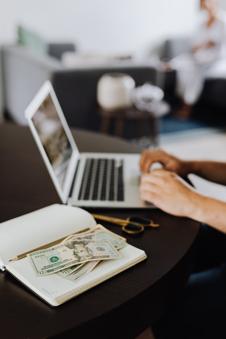 Money On Notebook And Woman Working With Laptop