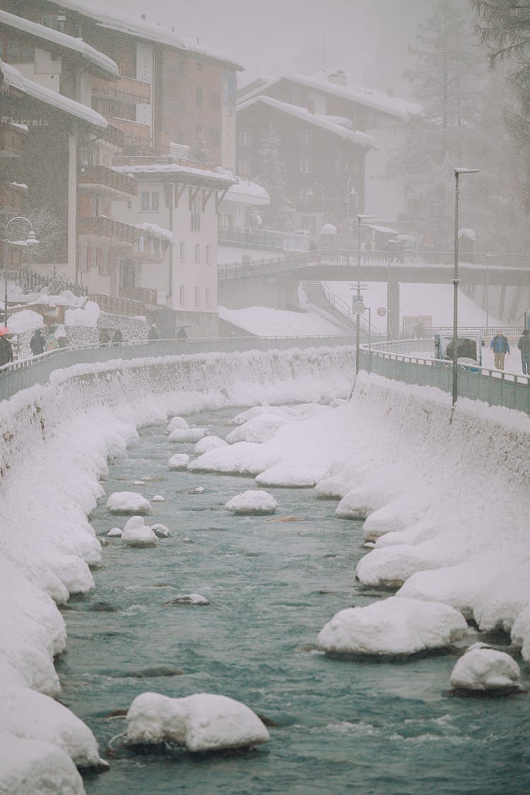 Narrow City Canal On Cold Winter Day