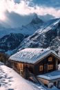宁静的高山冬季场景中，坐落着一座迷人的白雪覆盖的小屋