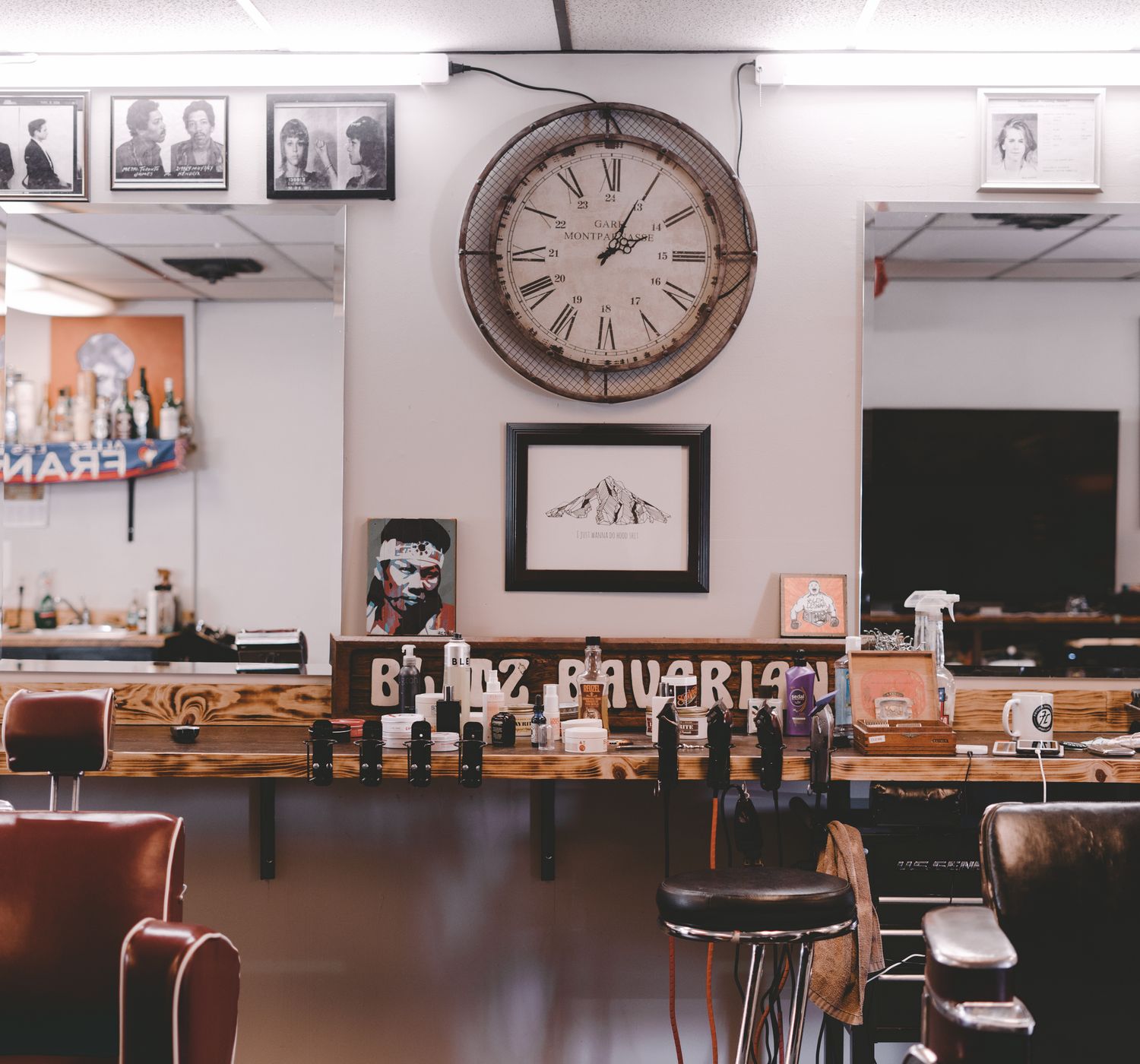 Stylish cozy interior design of modern hairdressing studio or barbershop with leather chai