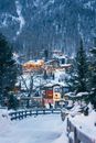 Winter resort houses located on forested snowy hilly terrain