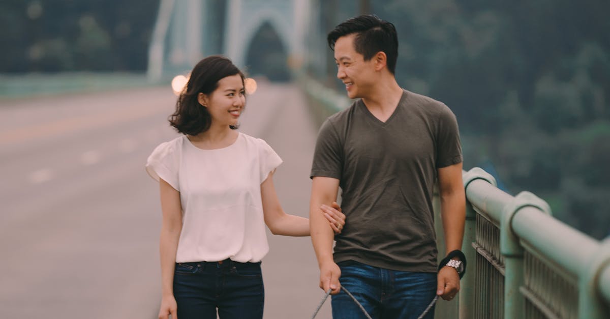 Cheerful young ethnic couple with dog strolling on bridge near green mountains