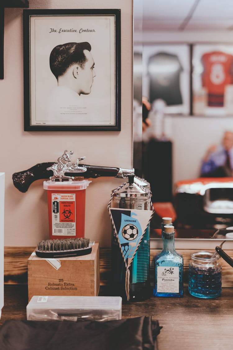 Table With Various Products In Vintage Barbershop