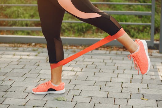 Close-up of a woman exercising with a resistance band in a park.