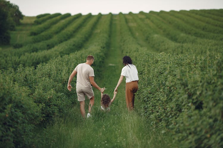 Parents Holding Their Daughters Hands And Running Through A Field 