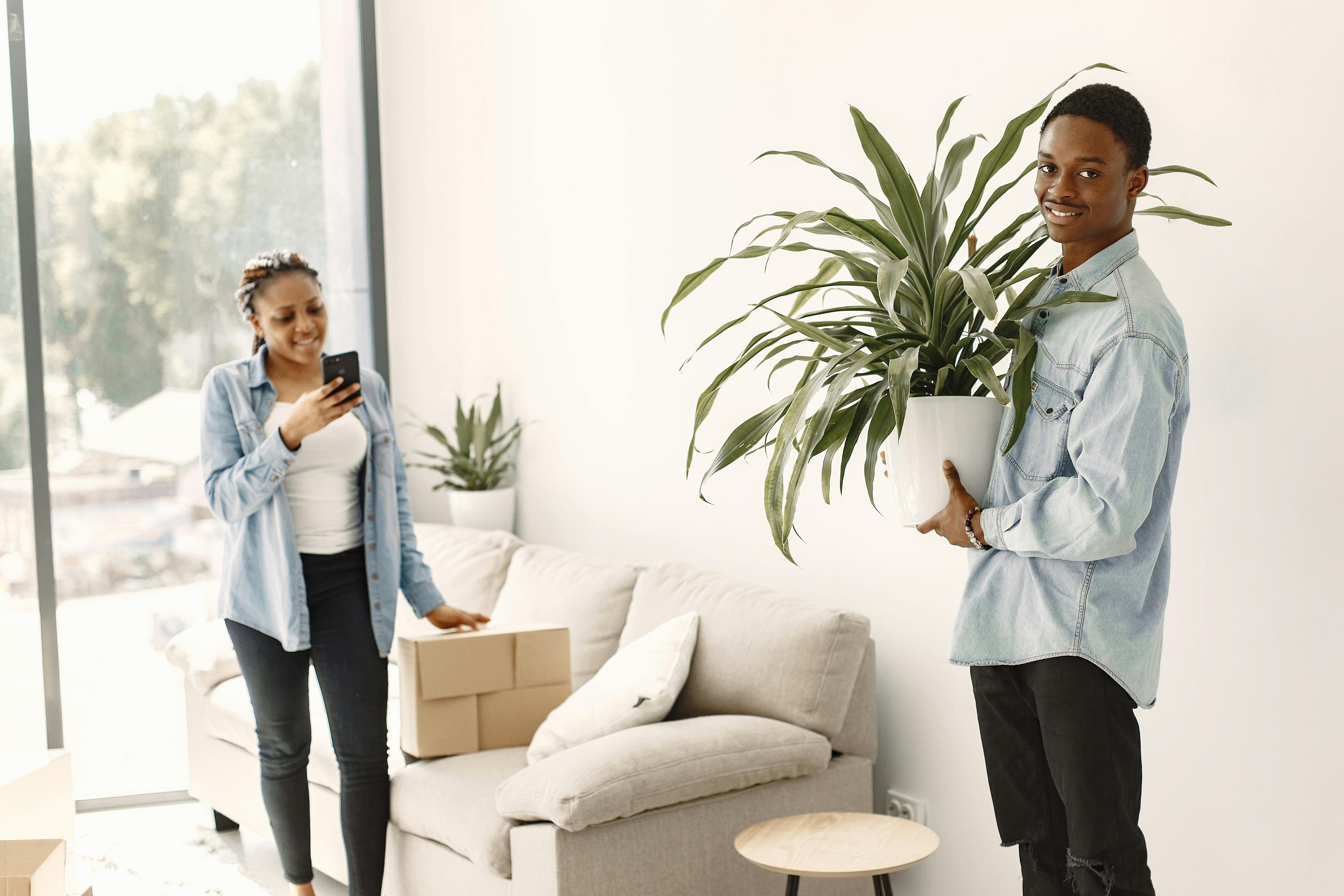 A person happily arranging plants in their new, sunny studio apartment - Small apartment movers
