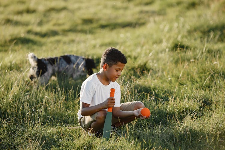 Boy With Baseball Bat And Dog Nearby 