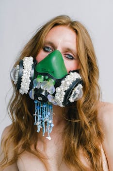 Artistic portrait of a person wearing an embellished respirator mask, symbolizing unique fashion.