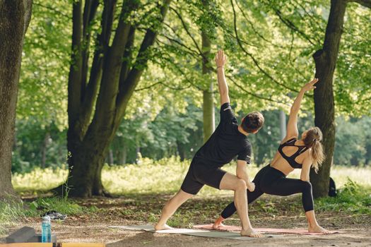 A couple performing yoga poses on mats in a sunlit park surrounded by trees.