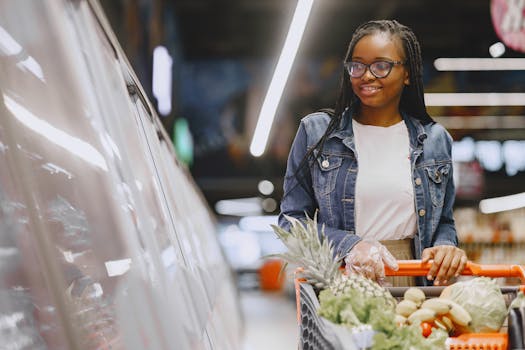 Smiling woman with braided hair shopping in a supermarket with a full cart.