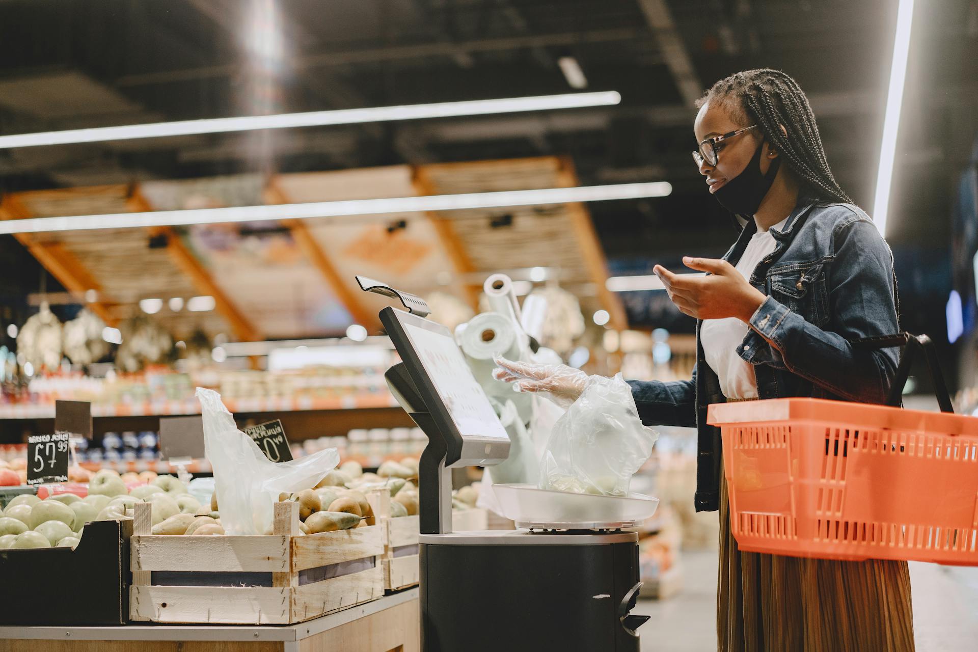 Woman Weighing Groceries in Store