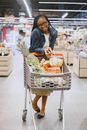 Woman in Blue Denim Jacket Holding Shopping Cart With Fruits and Vegetables