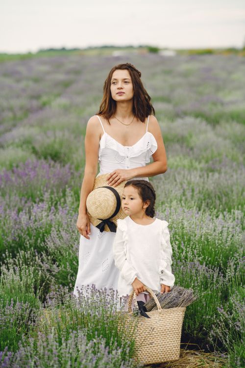 Free A mother and daughter in white dresses enjoying a serene lavender field in summer. Stock Photo