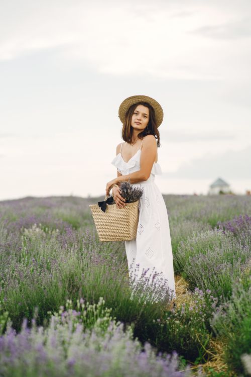 Free Woman in white dress enjoying a serene lavender field, holding a straw basket. Stock Photo