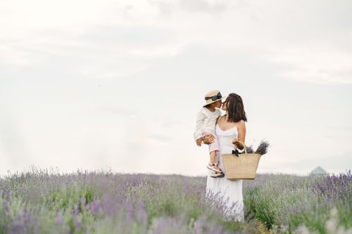 Free A mother holding her child in a blooming lavender field, conveying love and tranquility. Stock Photo